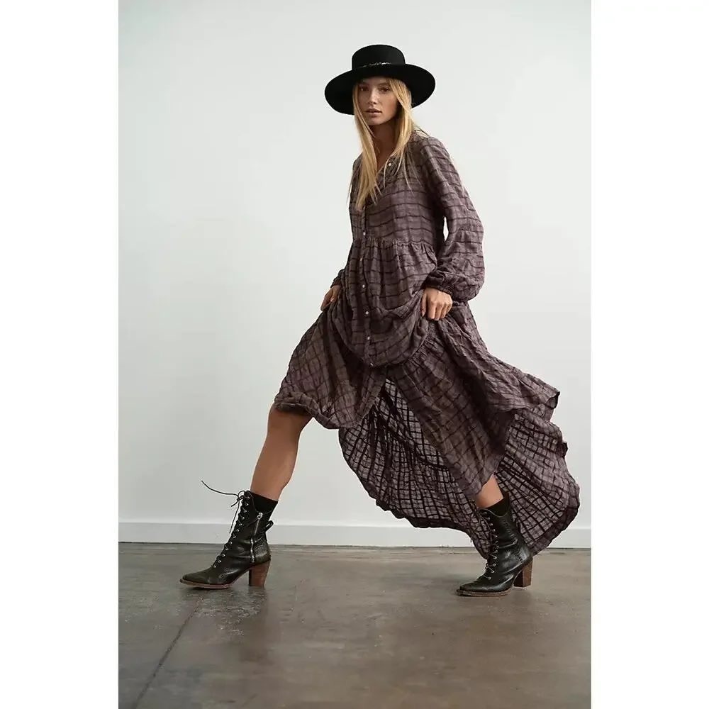 Free People Edie Maxi Dress In Horseshoe Women Size M Brown Plaid Boho